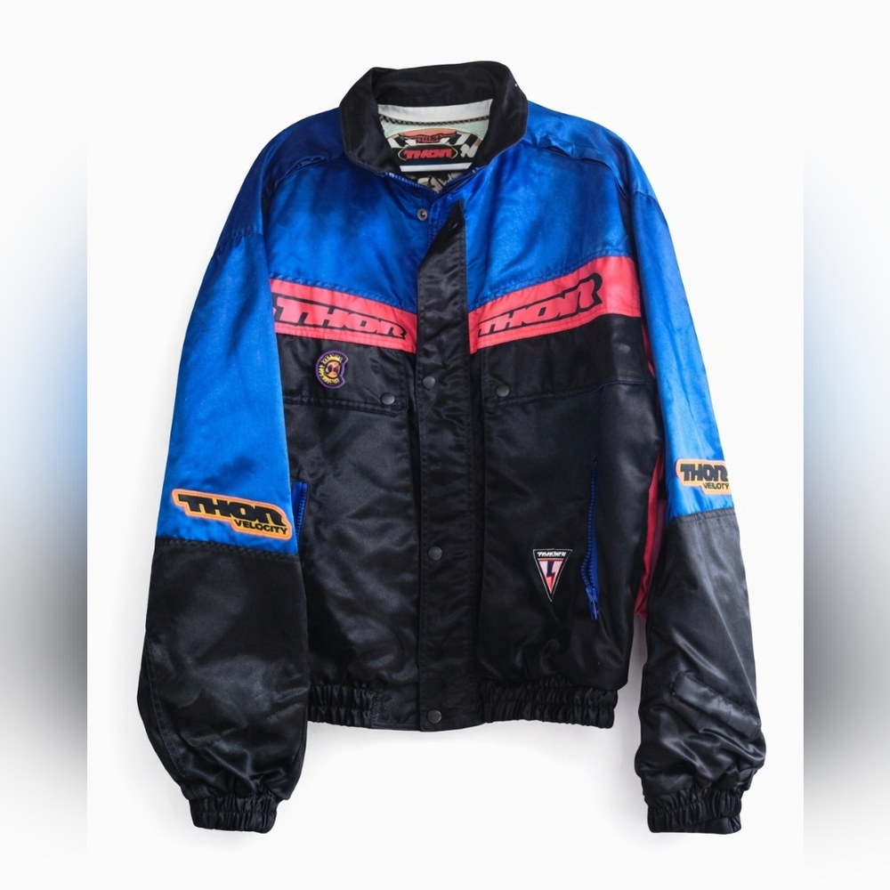 Vintage Thor Morotcycle Jacket in Blue, Black, and Pink